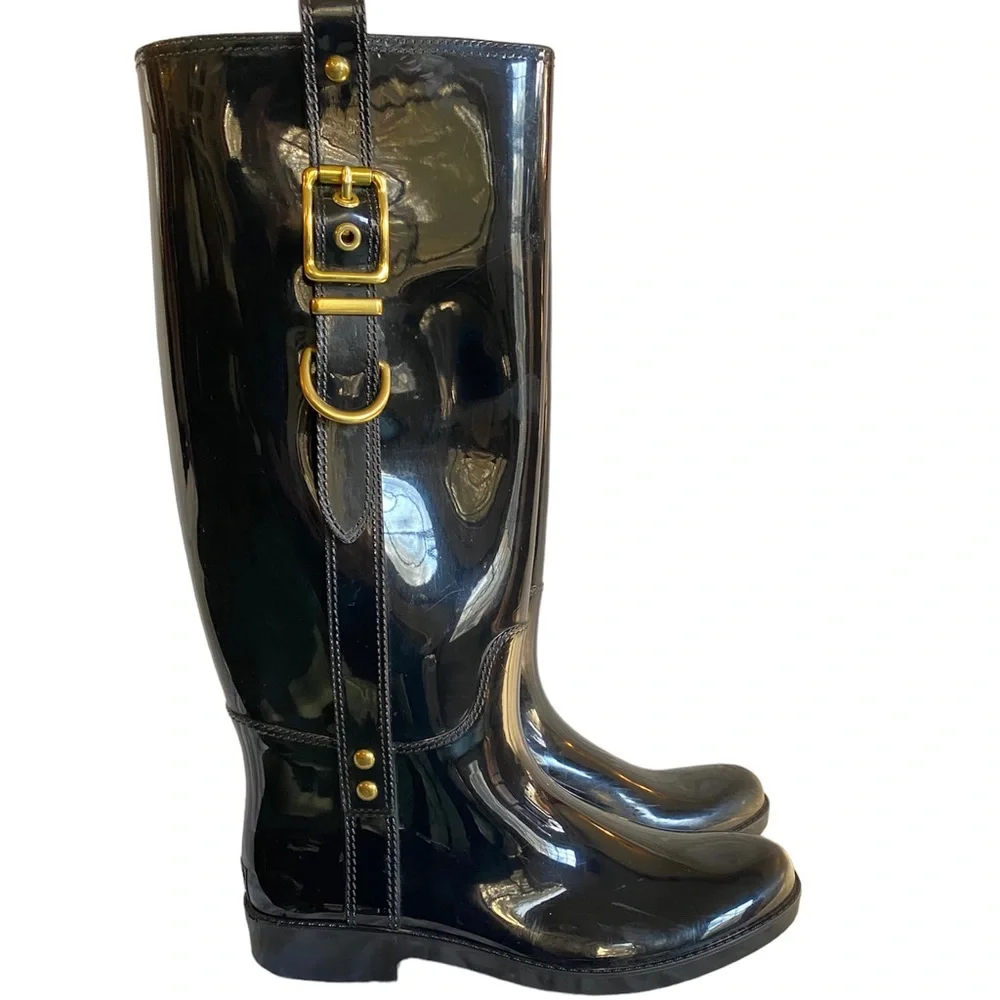 Coach Black Rubber Boots Gold Buckle Knee High 9 Concert classic‎ statment